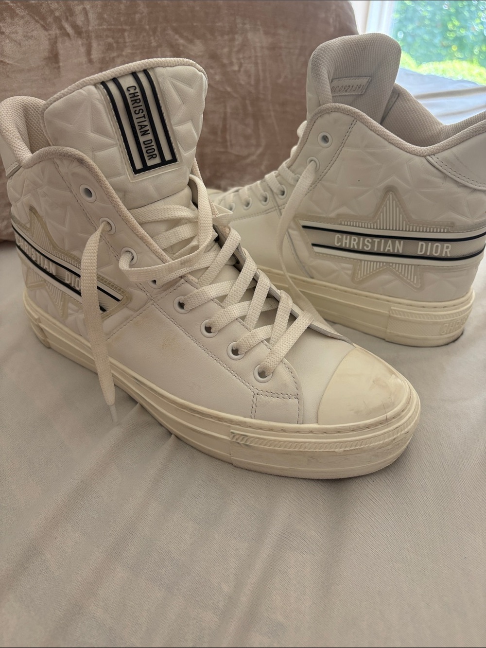 Dior womens High-Top Sneakers in Cream White with Black Accents authentic